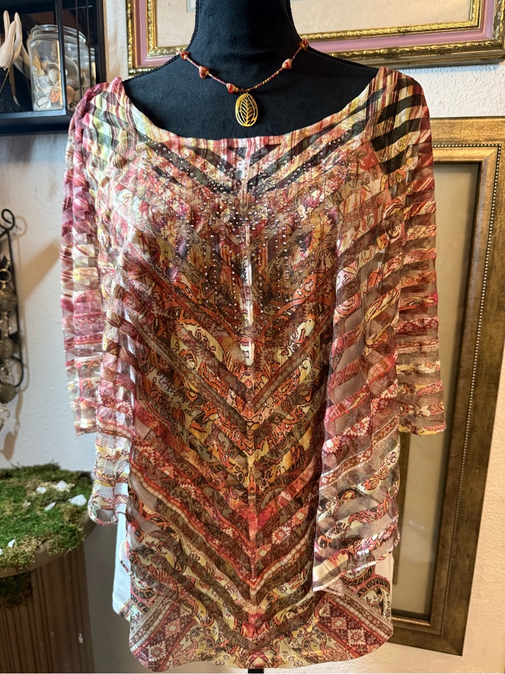 One World Live & Let Live Sheer Mesh Rhinestone Poncho Top Boho Y2K •Size M•